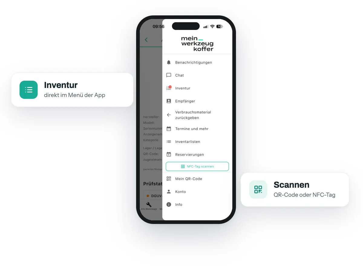 App-Menü mit dem Eintrag Inventur auf dem iPhone, dazu Karten zu Inventur und zum Scannen von QR-Code oder NFC-Tag