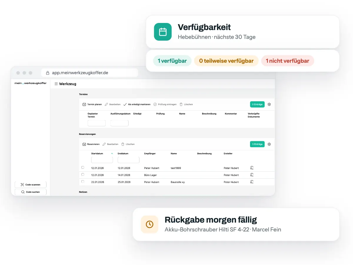 Termine und Reservierungen eines Werkzeugs im Browser, dazu Verfügbarkeit der Hebebühnen und Hinweis Rückgabe morgen fällig