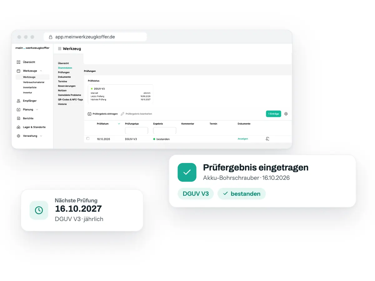 Abschnitt Prüfungen eines Werkzeugs im Browser, dazu eingetragenes Prüfergebnis DGUV V3 bestanden und nächste Prüfung am 16.10.2027
