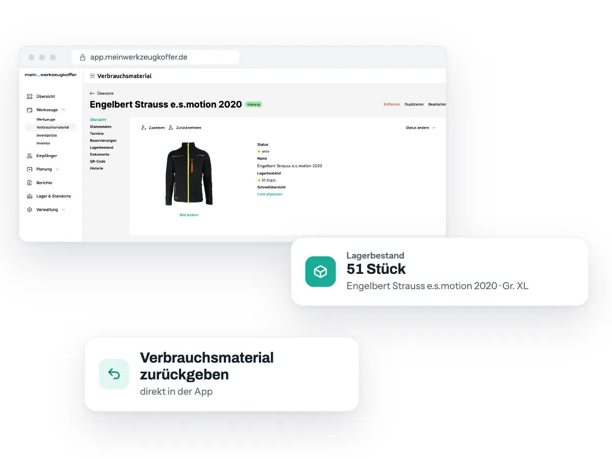 Verbrauchsmaterial im Browser, dazu Lagerbestand 51 Stück und Verbrauchsmaterial zurückgeben in der App