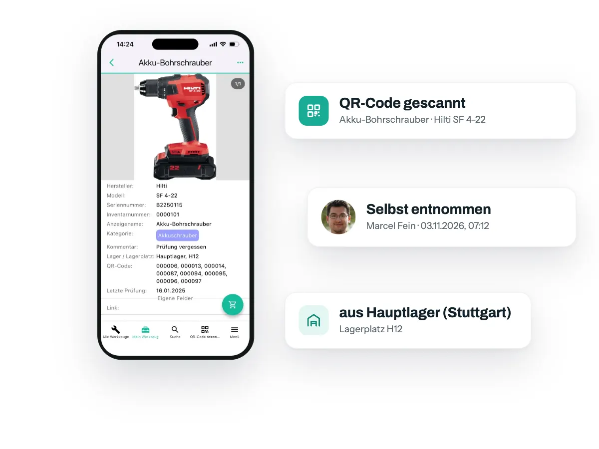 Werkzeugdetail in der App, dazu Karten QR-Code gescannt, selbst entnommen von Marcel Fein und aus Hauptlager (Stuttgart)