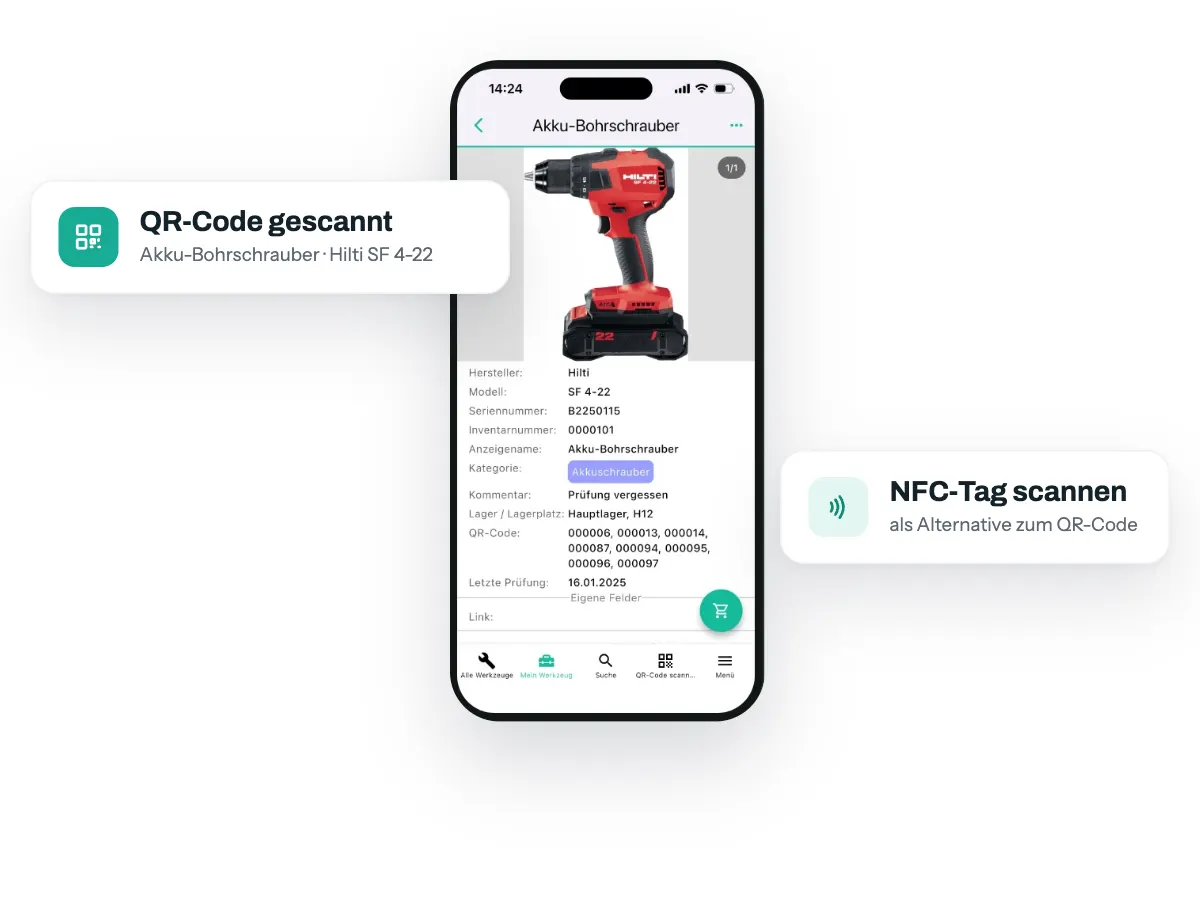 Werkzeugdetail in der App, dazu Karten QR-Code gescannt und NFC-Tag scannen
