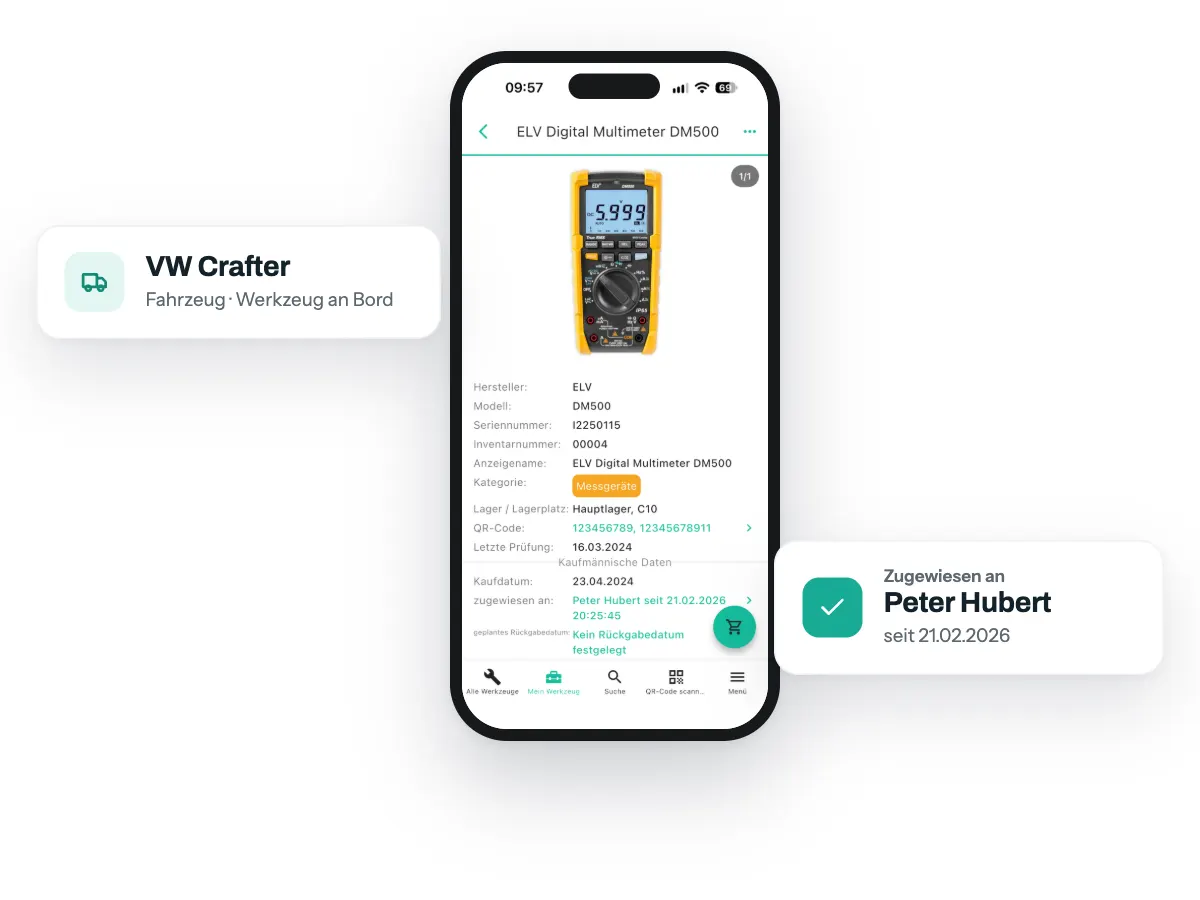 Werkzeugdetail des Digital Multimeter DM500 in der App, dazu Karten VW Crafter und zugewiesen an Peter Hubert