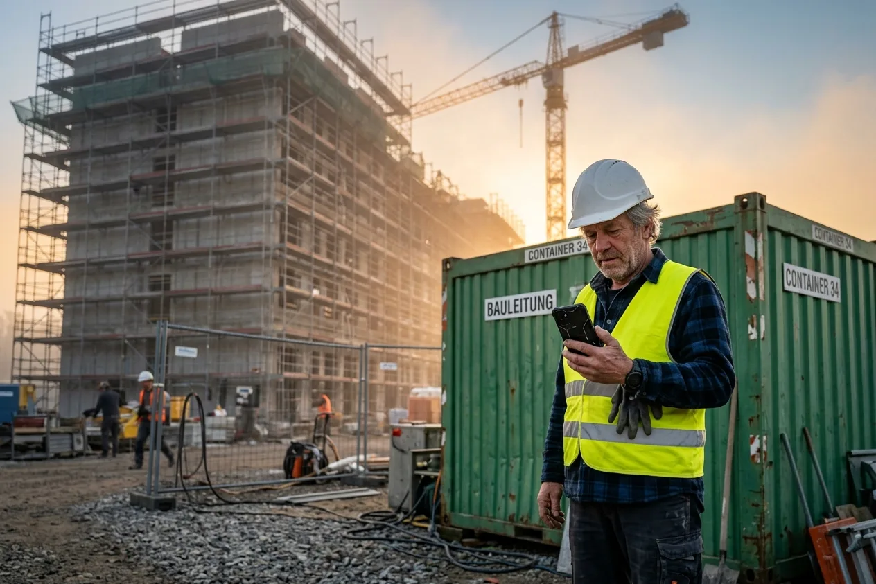 Polier mit Schutzhelm und Warnweste schaut auf der Baustelle auf sein Smartphone