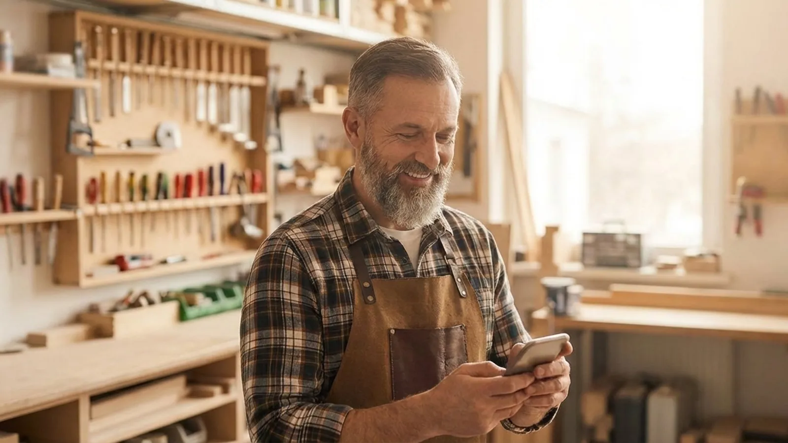 Tischler mit Smartphone in seiner Werkstatt